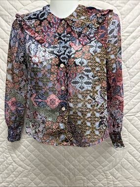 Posh Multicolor Floral Patchwork Ruffle-Collar Blouse